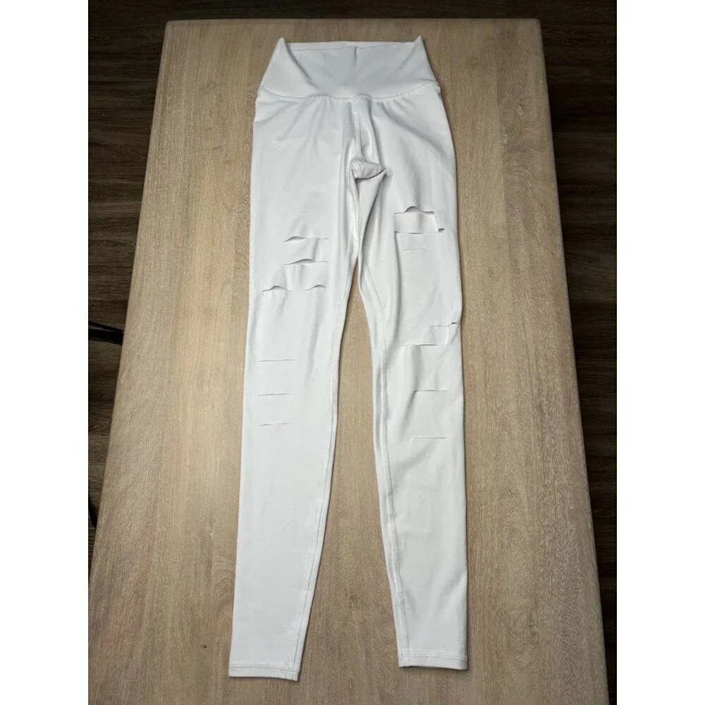 Alo High Waisted Ripped Warrior Leggings In Pristine White Size XXS